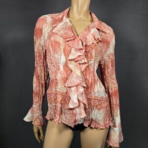 Y2K Boho Fairy Flared Bell Sleeve Blouse Size L Ruffled Lace Paisley Blush Pink
